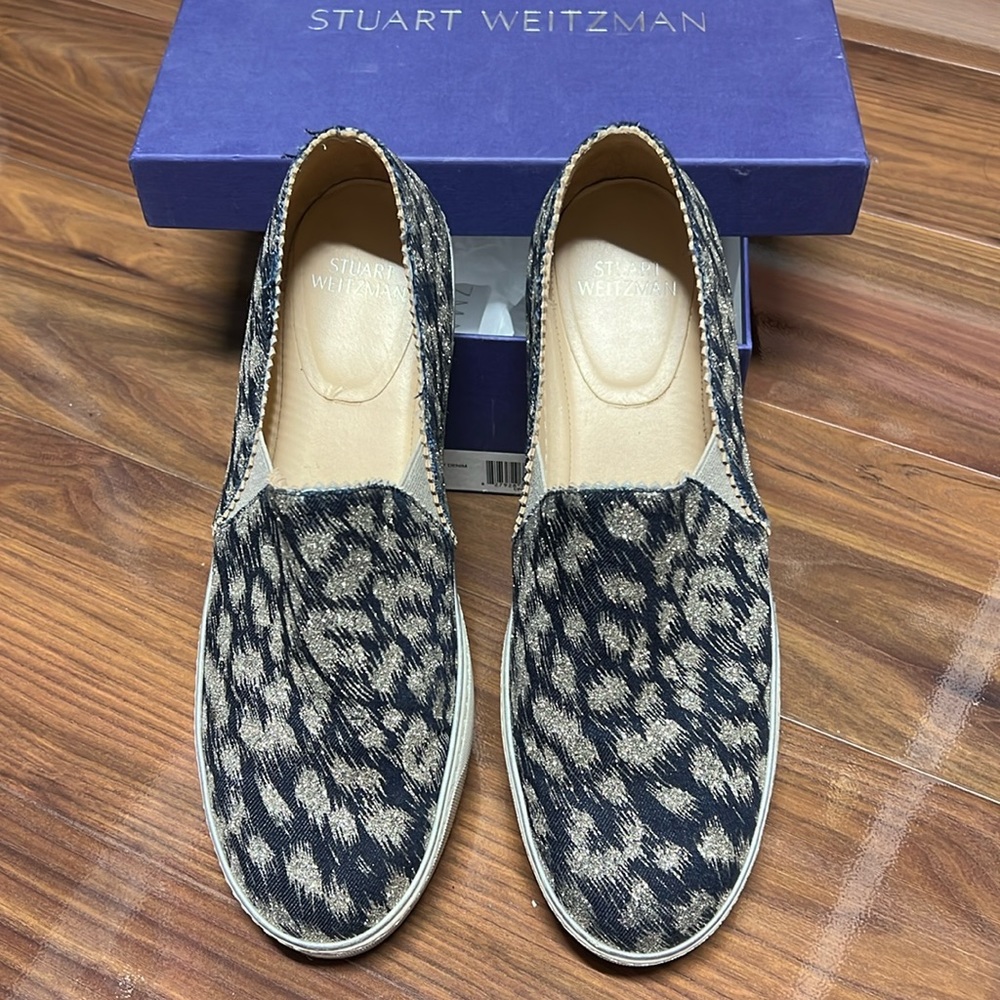 Stuart Weitzman Slip On Sneaker 11.5 Navy Blue and Silver Metallic